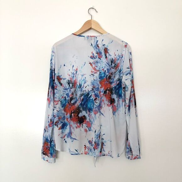 Karen Kane Ruffle Blouse Abstract Long Sleeve Top White Blue Made in USA Small - Picture 6 of 10